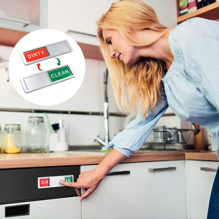 "Magnetisk diskmaskinsskylt, ren/smutsig indikator, elegant design, kontrastfärger, svart/vit, smart kökstillägg."