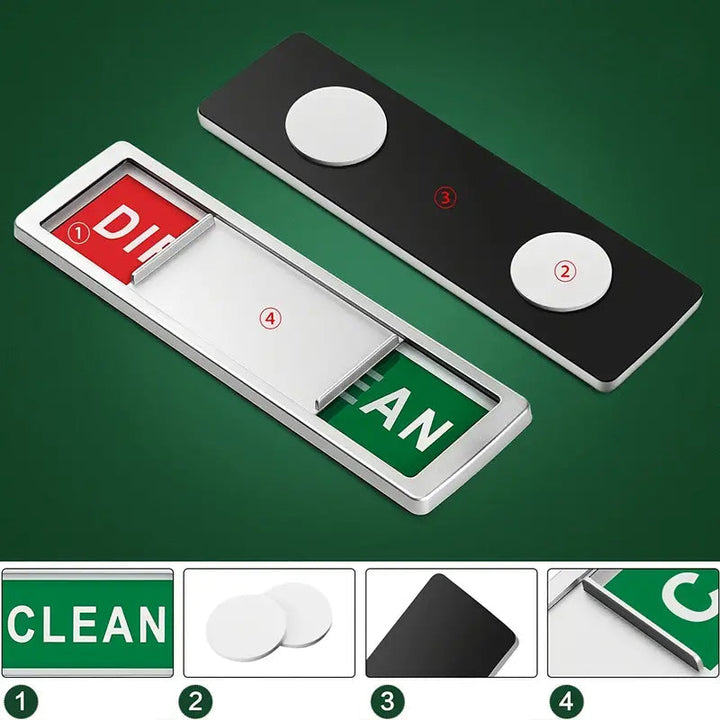 "Magnetisk diskmaskinsskylt, ren/smutsig indikator, elegant design, kontrastfärger, svart/vit, smart kökstillägg."