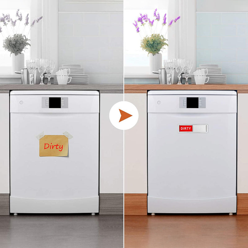 "Magnetisk diskmaskinsskylt, ren/smutsig indikator, elegant design, kontrastfärger, svart/vit, smart kökstillägg."
