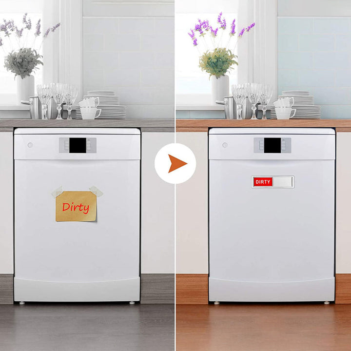 "Magnetisk diskmaskinsskylt, ren/smutsig indikator, elegant design, kontrastfärger, svart/vit, smart kökstillägg."