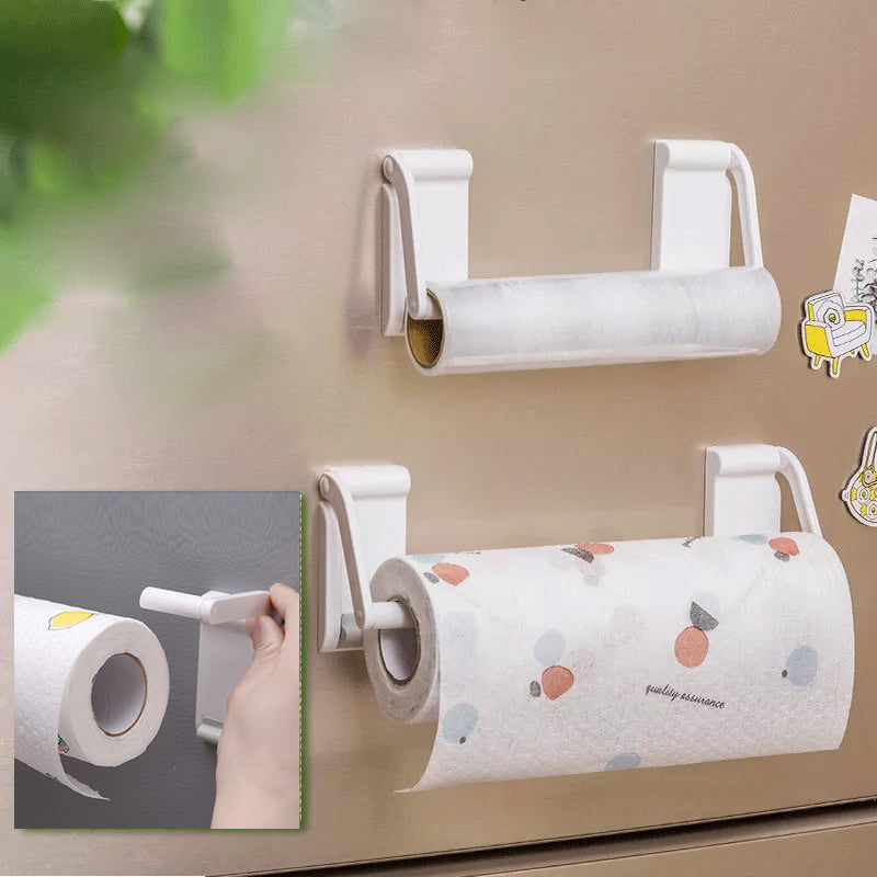 "Magnetisk justerbar kökshållare i vit ABS-plast på kylskåp, perfekt för folier och handdukar, elegant och funktionell."