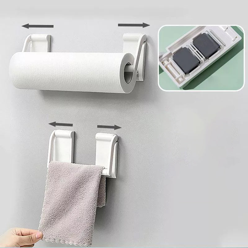 "Magnetisk justerbar kökshållare i vit ABS-plast på kylskåp, perfekt för folier och handdukar, elegant och funktionell."