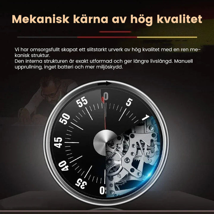 "Magnetisk mekanisk kökstimer i rostfritt stål med röd urtavla och magnetisk baksida, idealisk för matlagning och bakning."