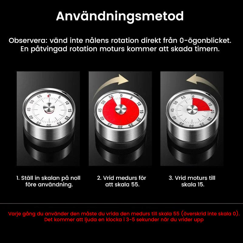 "Magnetisk mekanisk kökstimer i rostfritt stål med röd urtavla och magnetisk baksida, idealisk för matlagning och bakning."