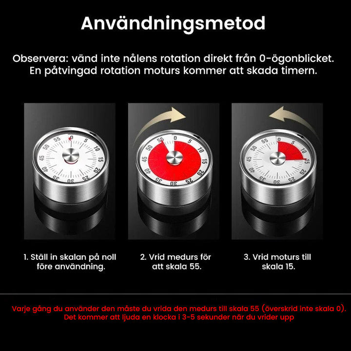 "Magnetisk mekanisk kökstimer i rostfritt stål med röd urtavla och magnetisk baksida, idealisk för matlagning och bakning."