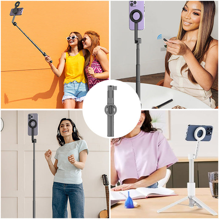 "Magnetisk selfiepinne med stativ, svart och vit, med teleskopisk design och 360° rotation för stabil och flexibel foto"