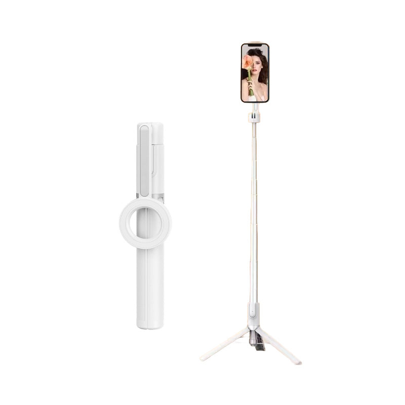 "Magnetisk selfiepinne med stativ, svart och vit, med teleskopisk design och 360° rotation för stabil och flexibel foto"