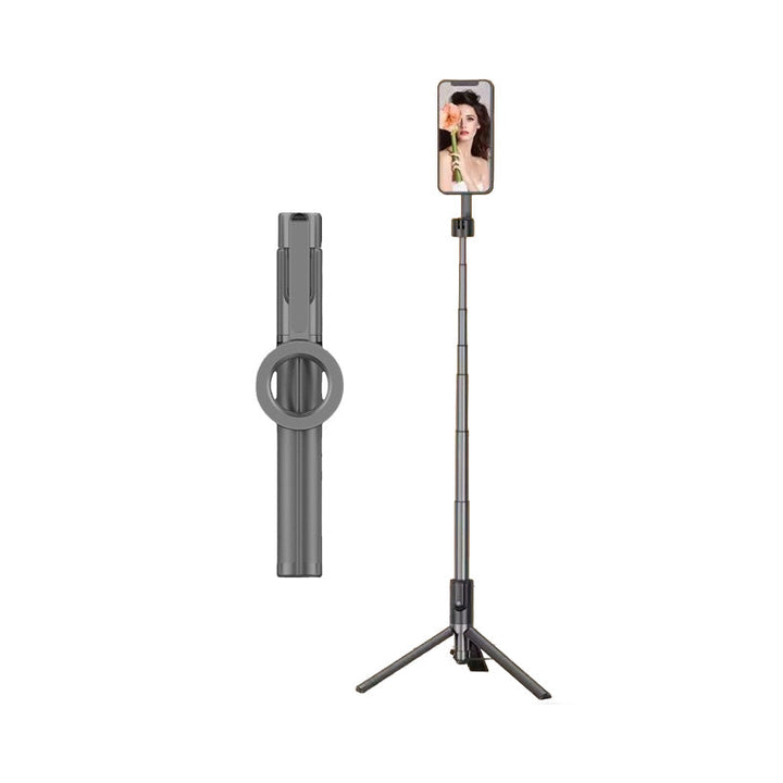 "Magnetisk selfiepinne med stativ, svart och vit, med teleskopisk design och 360° rotation för stabil och flexibel foto"