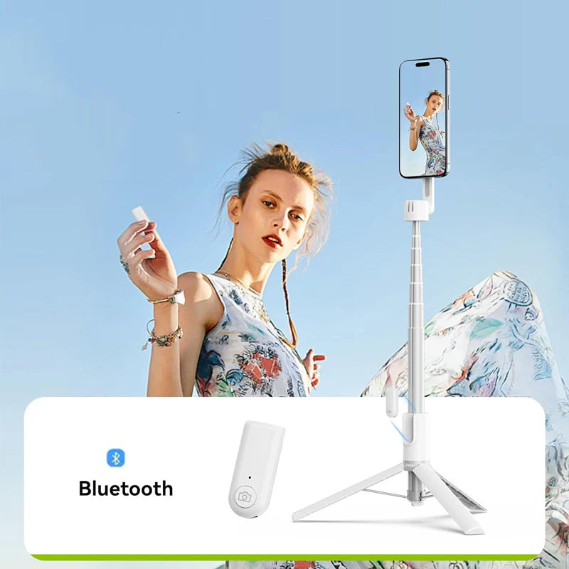 "Magnetisk selfiepinne med stativ, svart och vit, med teleskopisk design och 360° rotation för stabil och flexibel foto"