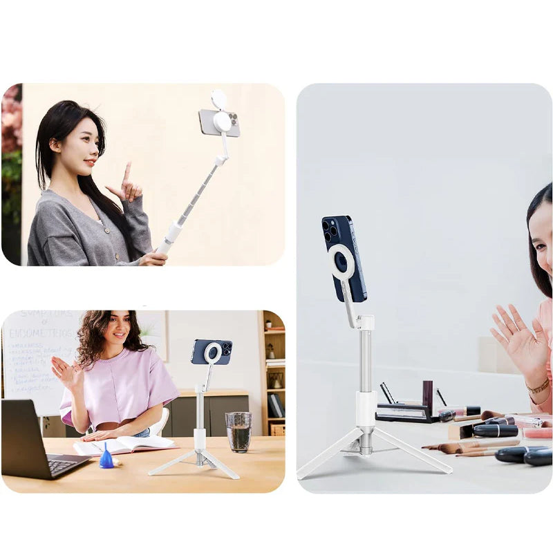 "Magnetisk selfiepinne med stativ, svart och vit, med teleskopisk design och 360° rotation för stabil och flexibel foto"