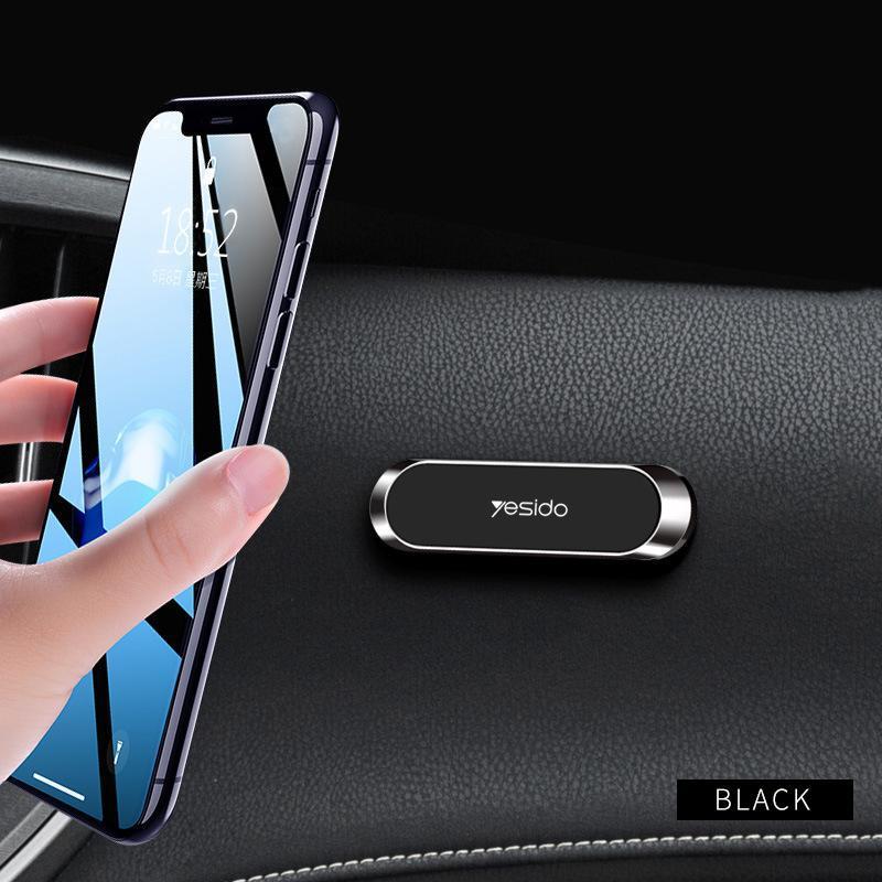 "Magnetisk telefonhållare med 360° rotation, kompakt design i svart, silver och gyllene för bil och hem."