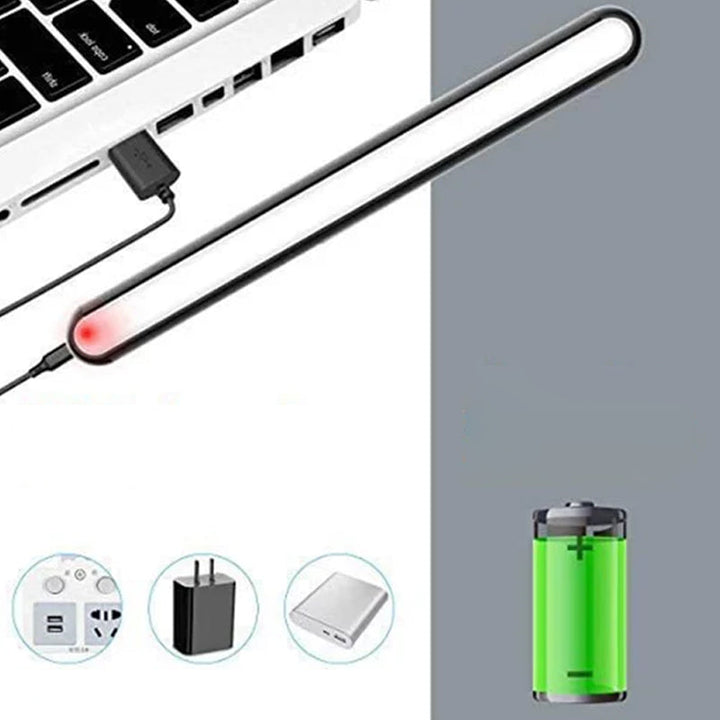 "Magnetisk uppladdningsbar bordslampa, kompakt design, magnetfot, justerbara ljusnivåer, svart eller vit färg."