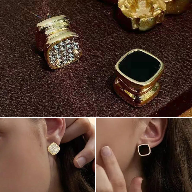 "Magnetiska dubbelsidiga örhängen, fyrkantig design med diamanter och svart alternativ, moderna och eleganta för kvinnor."