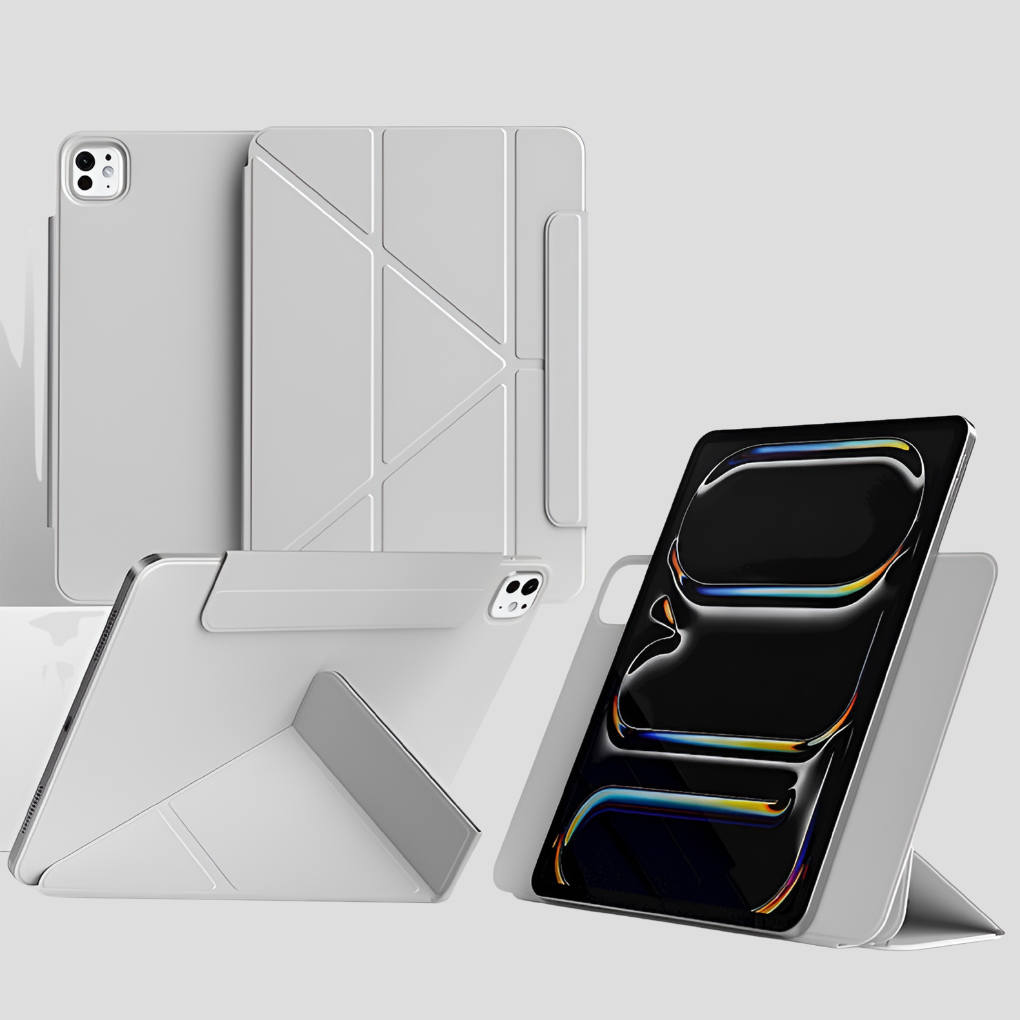 Stöttåligt 360° magnetiskt iPad-fodral i metallfinish. Skyddar hela surfplattan, dammtåligt och roterbart.