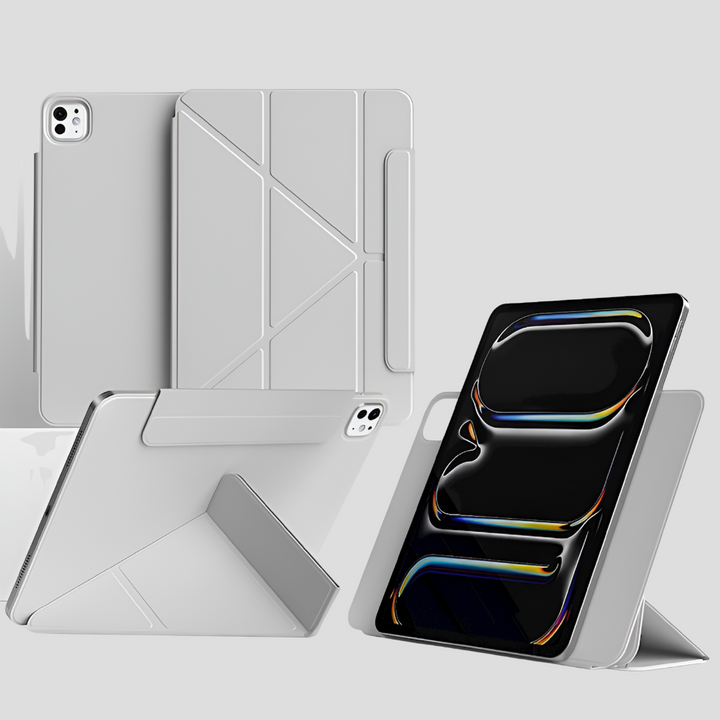Stöttåligt 360° magnetiskt iPad-fodral i metallfinish. Skyddar hela surfplattan, dammtåligt och roterbart.