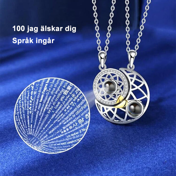 Magnetiskt halsband i sterling silver för par, projicerar kärleksbudskap på flera språk, elegant design med zirkon.