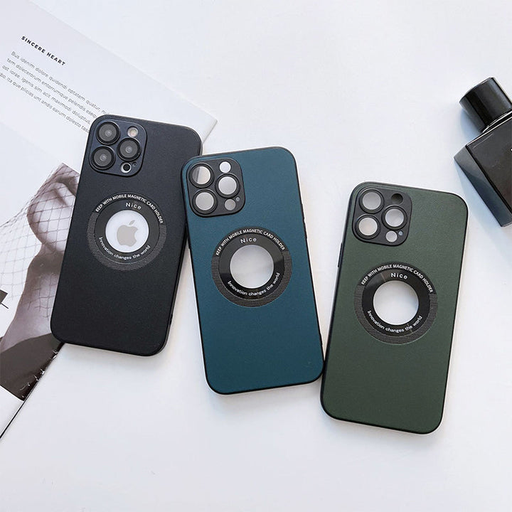 "Magnetiskt iPhone-laddningsfodral i elegant läder med lychee-mönster, tillgänglig i svart, grön, blå, lila, gul, orange."