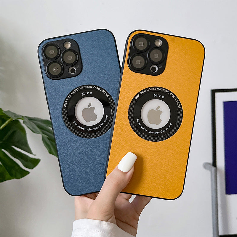 "Magnetiskt iPhone-laddningsfodral i elegant läder med lychee-mönster, tillgänglig i svart, grön, blå, lila, gul, orange."