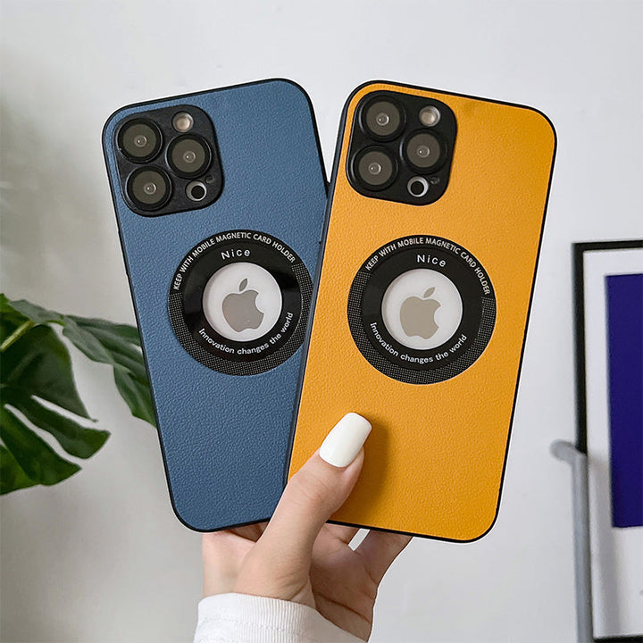 "Magnetiskt iPhone-laddningsfodral i elegant läder med lychee-mönster, tillgänglig i svart, grön, blå, lila, gul, orange."