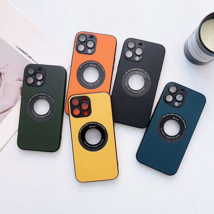 "Magnetiskt iPhone-laddningsfodral i elegant läder med lychee-mönster, tillgänglig i svart, grön, blå, lila, gul, orange."