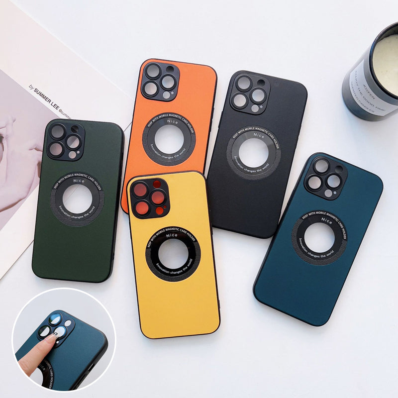 "Magnetiskt iPhone-laddningsfodral i elegant läder med lychee-mönster, tillgänglig i svart, grön, blå, lila, gul, orange."