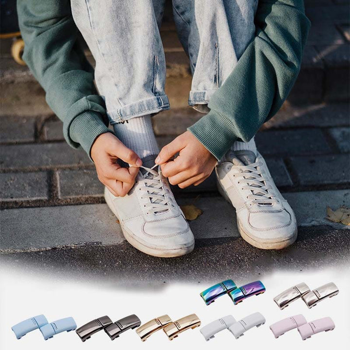 "Magnetiskt metallspänne för skosnören dam, elegant design i silver, svart och roséguld, stilfull och funktionell lösning."