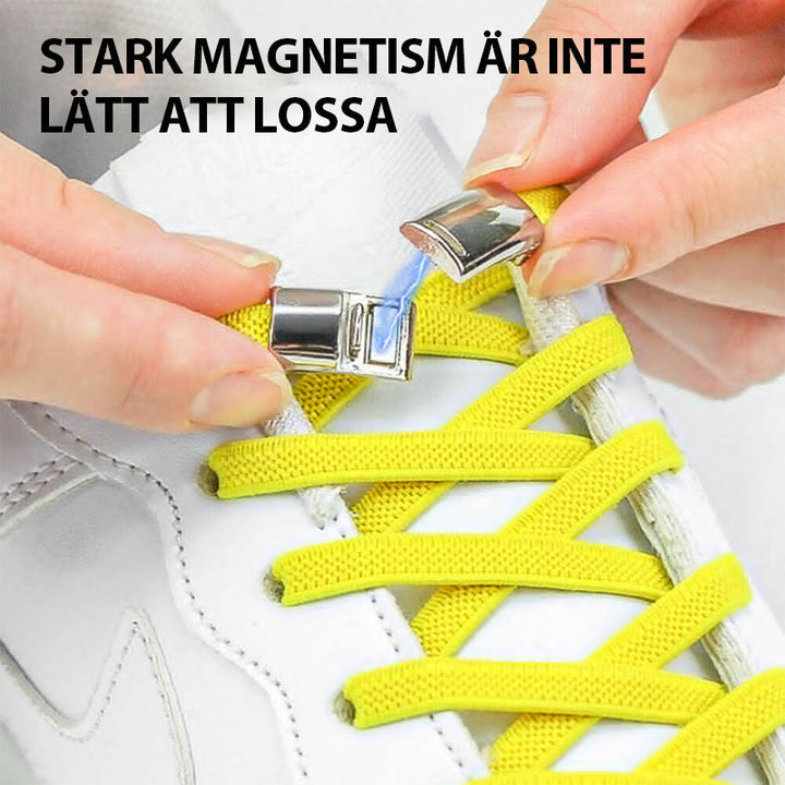 "Magnetiskt metallspänne för skosnören dam, elegant design i silver, svart och roséguld, stilfull och funktionell lösning."