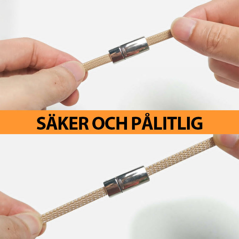 "Magnetiskt metallspänne för skosnören dam, elegant design i silver, svart och roséguld, stilfull och funktionell lösning."