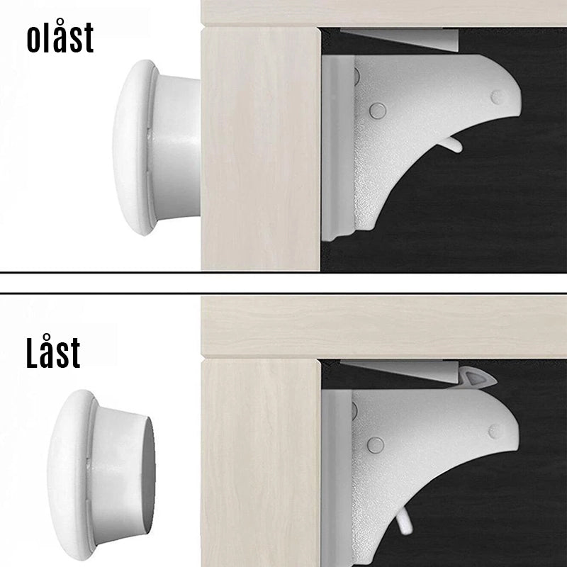 "Magnetiskt osynligt säkerhetslås för barn, diskret design utan skruvar, för säker barnsäkert hem."