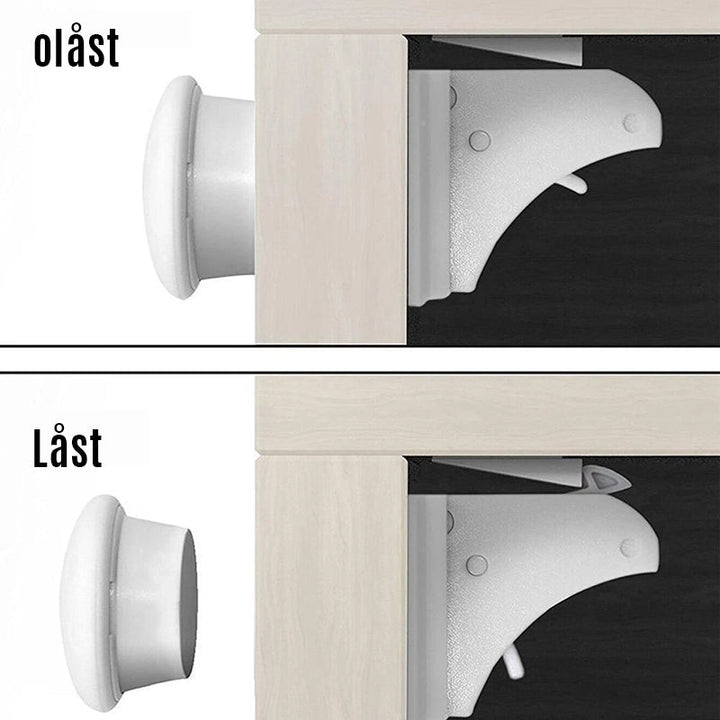 "Magnetiskt osynligt säkerhetslås för barn, diskret design utan skruvar, för säker barnsäkert hem."