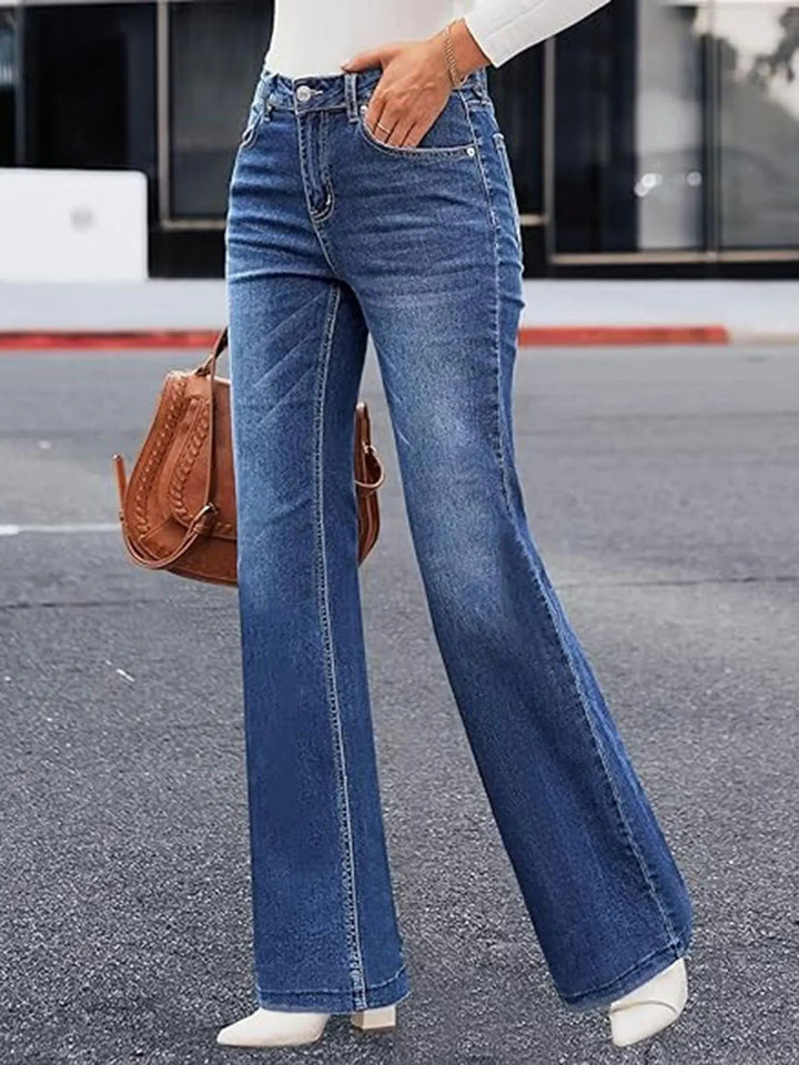 Damernas Högmidjade Cropped Flare Jeans i Ljus Denim