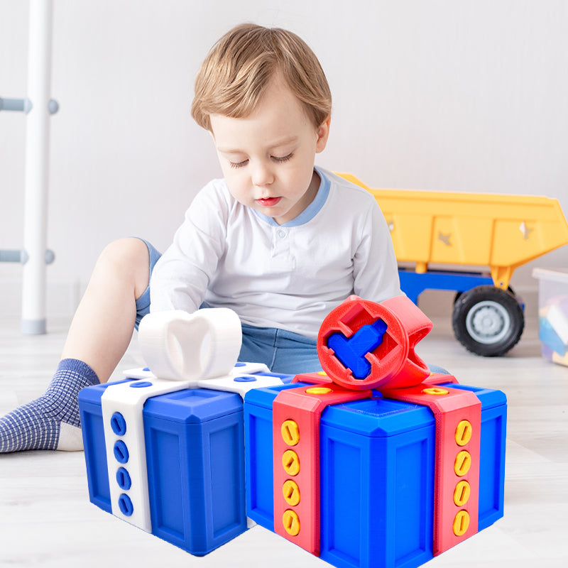 "Mångfärgad presentbox med mystisk design, 3D-utskriven med utmanande dolda nycklar och skruvbara bultar för spänning."