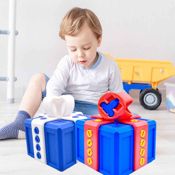 "Mångfärgad presentbox med mystisk design, 3D-utskriven med utmanande dolda nycklar och skruvbara bultar för spänning."