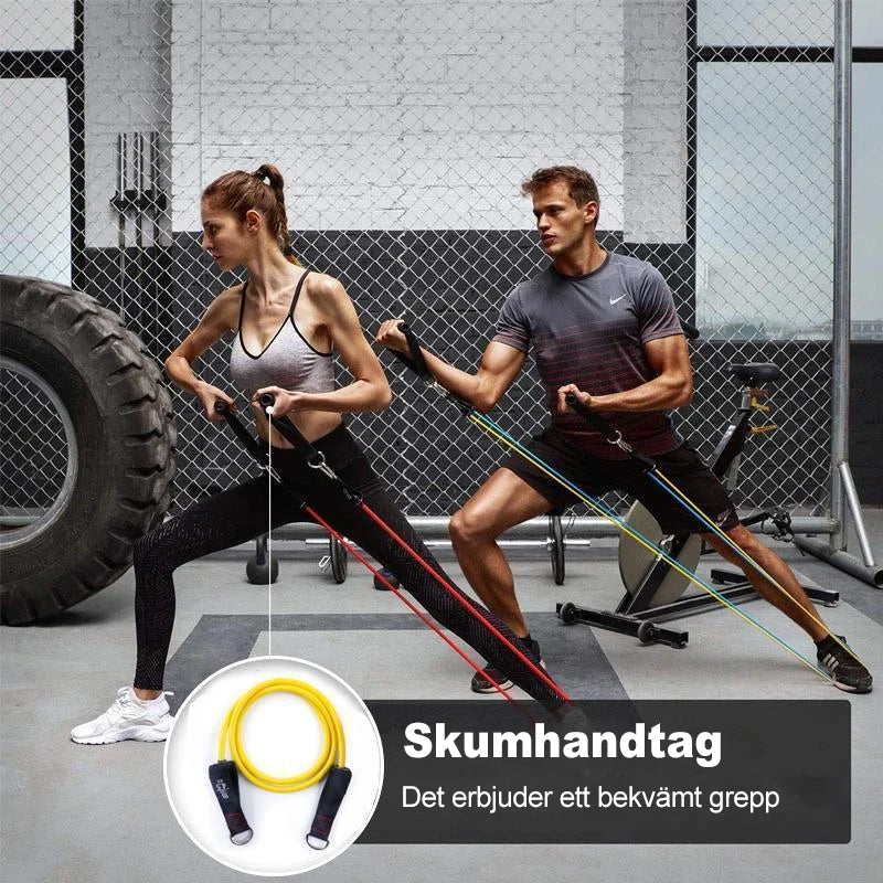 "Mångfärgade träningsband av naturlatex, varierande motstånd 10-50 kg, perfekt för hemmaträning och styrkeövningar."