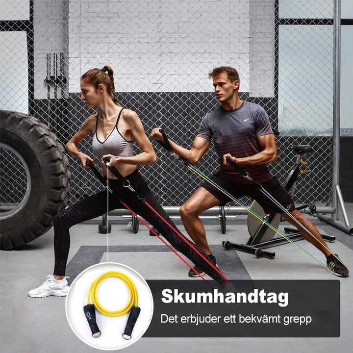 "Mångfärgade träningsband av naturlatex, varierande motstånd 10-50 kg, perfekt för hemmaträning och styrkeövningar."