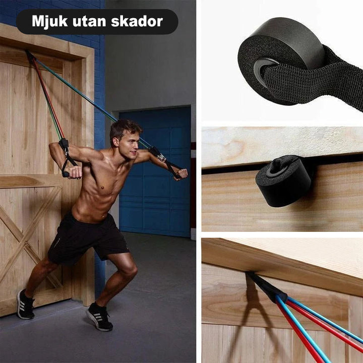 "Mångfärgade träningsband av naturlatex, varierande motstånd 10-50 kg, perfekt för hemmaträning och styrkeövningar."