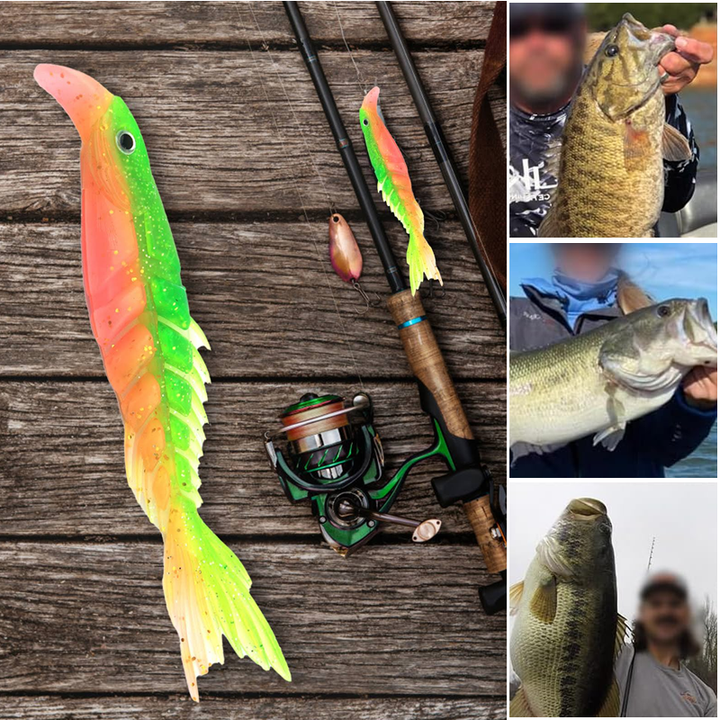 "Mångsegmenterade mjukbeten för fiske, med naturliga simrörelser, fragmenterad design och glittrande färgvariationer."