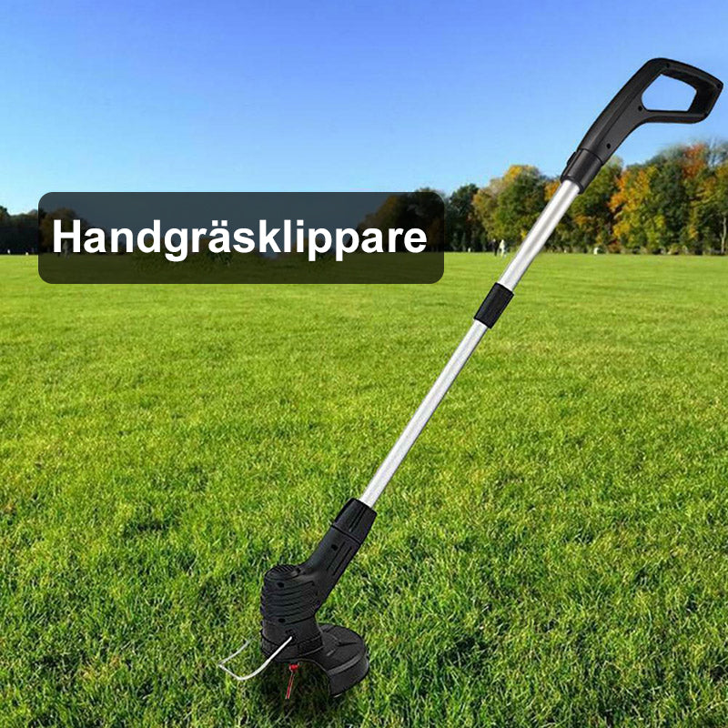 "Mångsidig grästrimmer i aluminium för trädgårdsskötsel, lätt och kompakt design med justerbar höjd och tyst drift."
