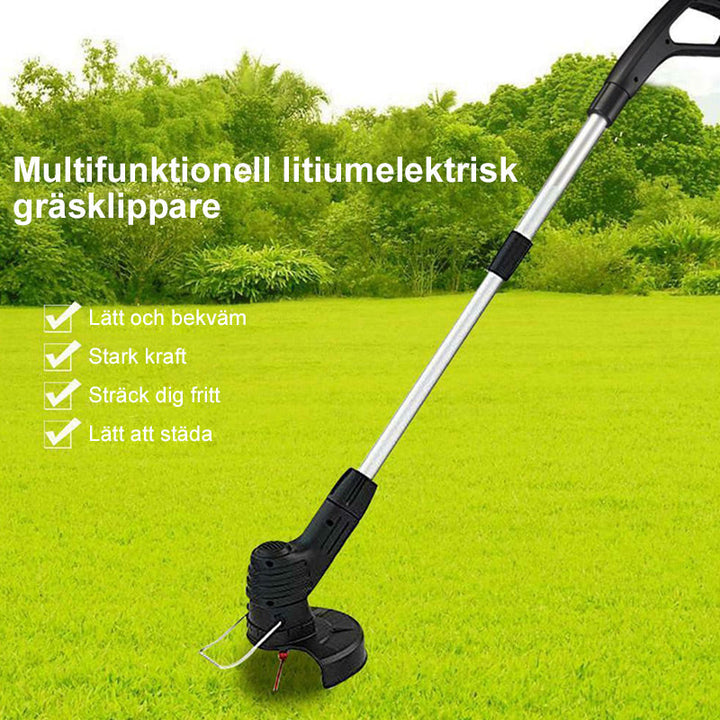 "Mångsidig grästrimmer i aluminium för trädgårdsskötsel, lätt och kompakt design med justerbar höjd och tyst drift."