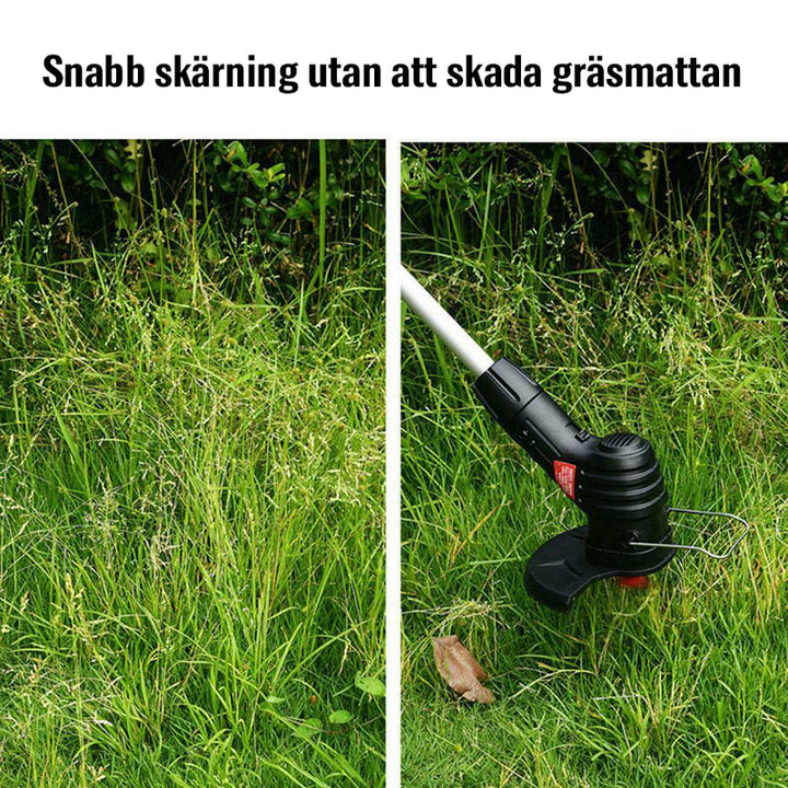 "Mångsidig grästrimmer i aluminium för trädgårdsskötsel, lätt och kompakt design med justerbar höjd och tyst drift."