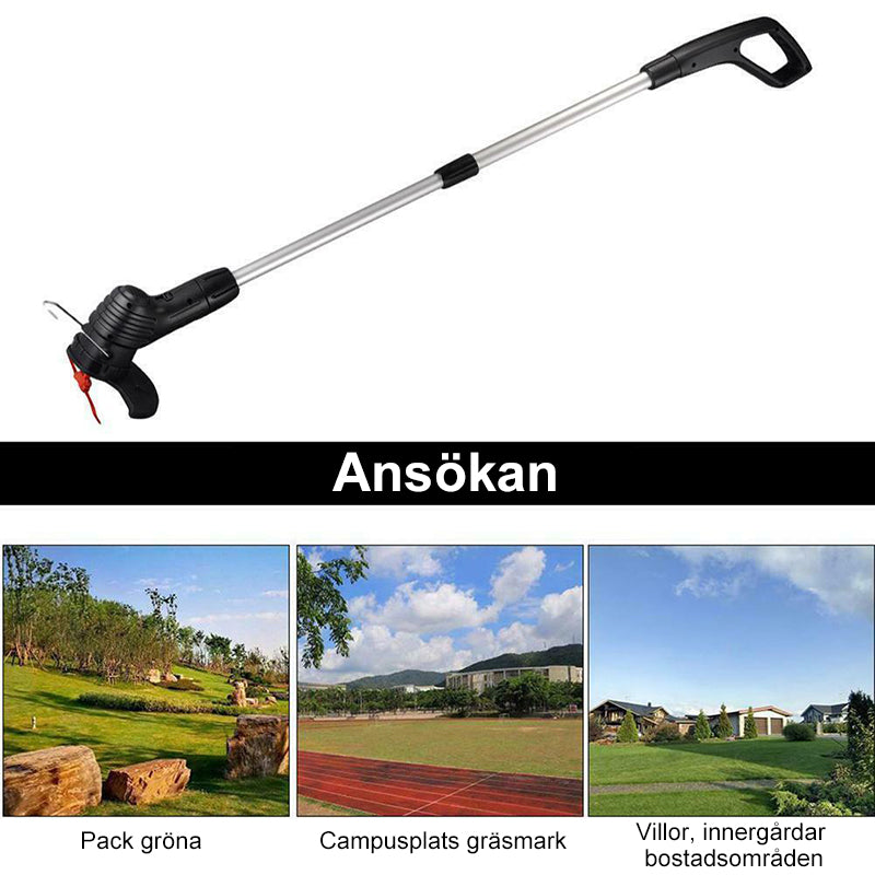 "Mångsidig grästrimmer i aluminium för trädgårdsskötsel, lätt och kompakt design med justerbar höjd och tyst drift."
