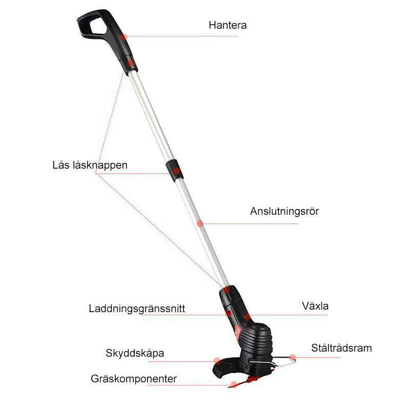 "Mångsidig grästrimmer i aluminium för trädgårdsskötsel, lätt och kompakt design med justerbar höjd och tyst drift."