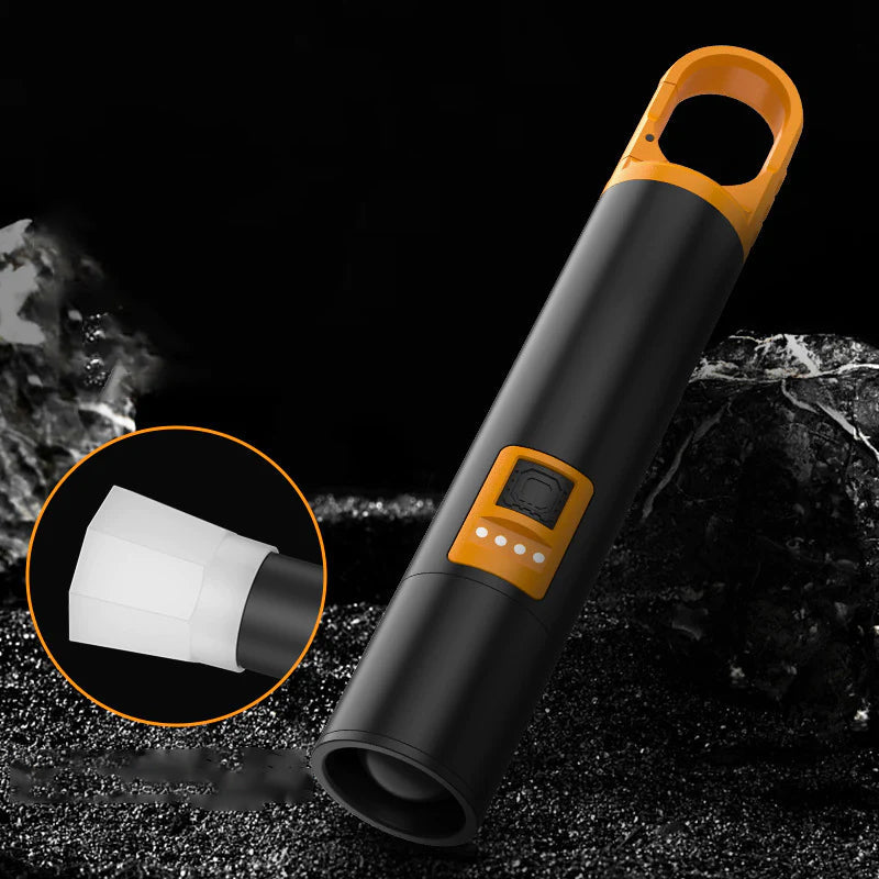 "Mångsidig Super Power LED-ficklampa med 1000 lumen, robust design, XHP50 LED, svart kropp, 3 ljuslägen, IP4-klassad."