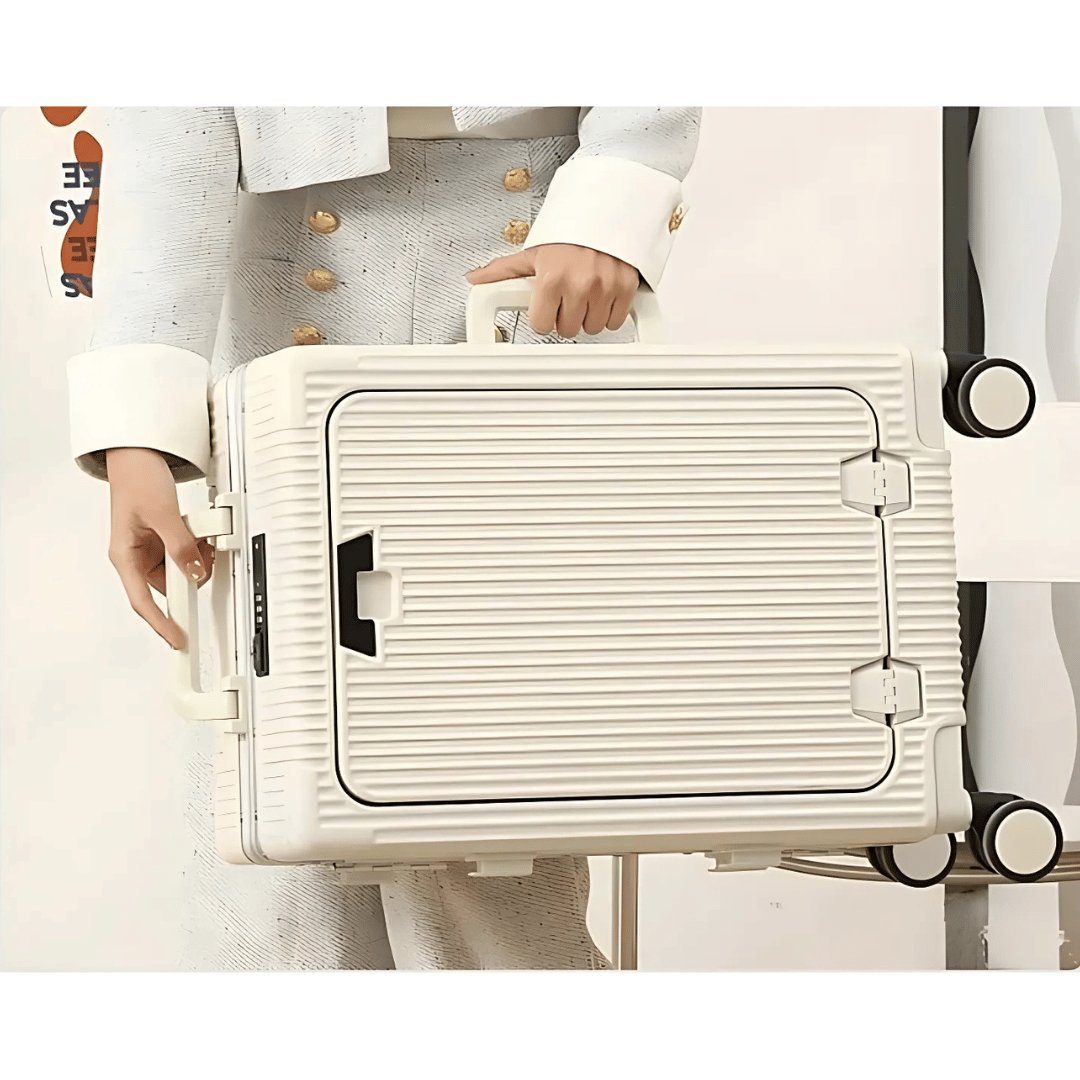 Modern Manhattan Pro handbagage med hårt skal, integrerade USB-portar och lättrullade 360-hjul.