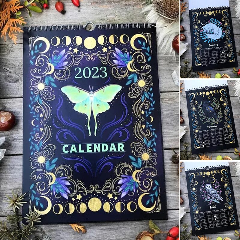 Månkalender 2023 med mystiska djur och botanik, A4-format, visar månfaser och stjärntecken, magiskt skogstema.