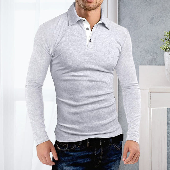 "Mäns elegant långärmad polo t-shirt med krage, modern stil, finns i flera färger inklusive röd och svart."