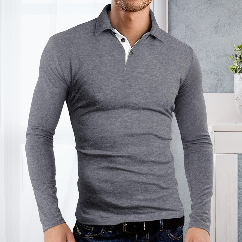 "Mäns elegant långärmad polo t-shirt med krage, modern stil, finns i flera färger inklusive röd och svart."