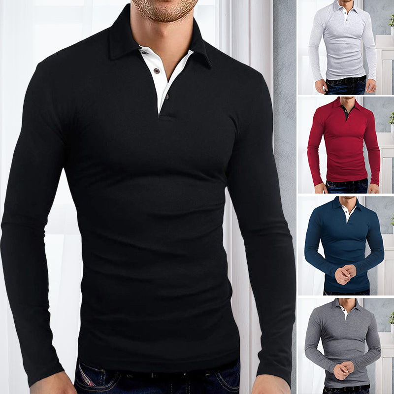 "Mäns elegant långärmad polo t-shirt med krage, modern stil, finns i flera färger inklusive röd och svart."