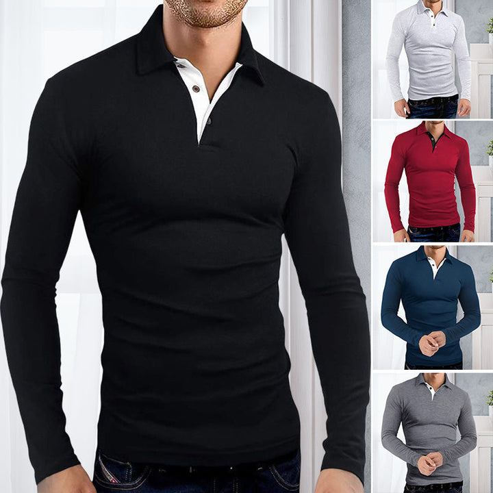 "Mäns elegant långärmad polo t-shirt med krage, modern stil, finns i flera färger inklusive röd och svart."