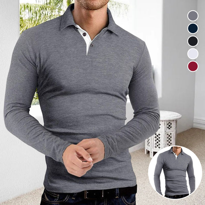 "Mäns elegant långärmad polo t-shirt med krage, modern stil, finns i flera färger inklusive röd och svart."